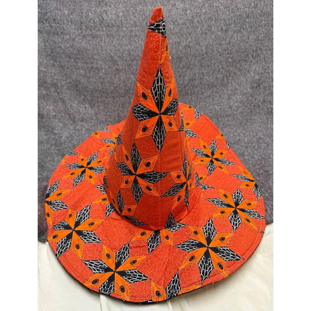 Handmade Quilted Reversible Witch Hat Orange Spider Web Bk Polka Dot Halloween